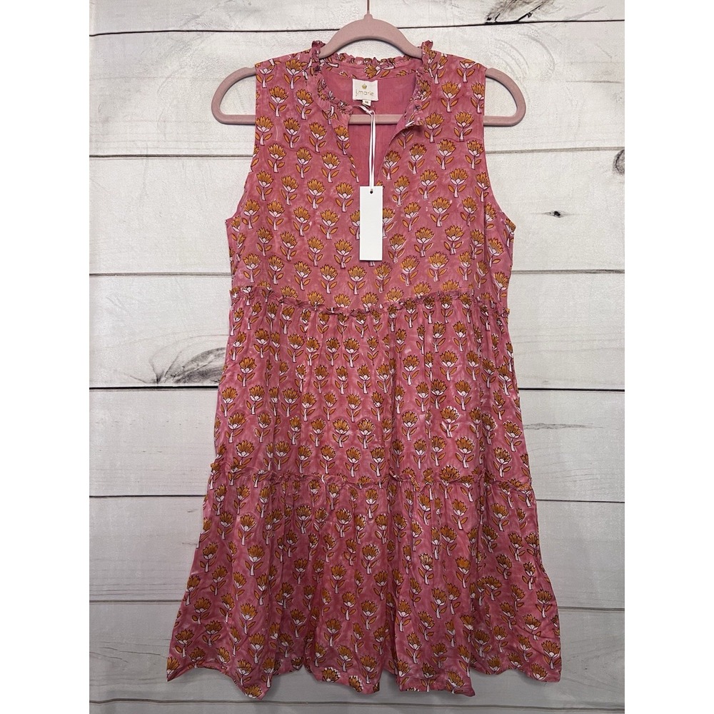 j.marie Pink Floral Tiered Ruffle Neck Sleeveless Mini Dress M